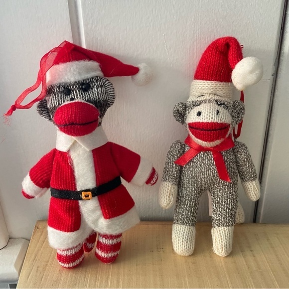 2/$29 Set of 2 Sock Monkey Christmas Ornament Stuffed Plush Holiday Gift Santa - Picture 1 of 3